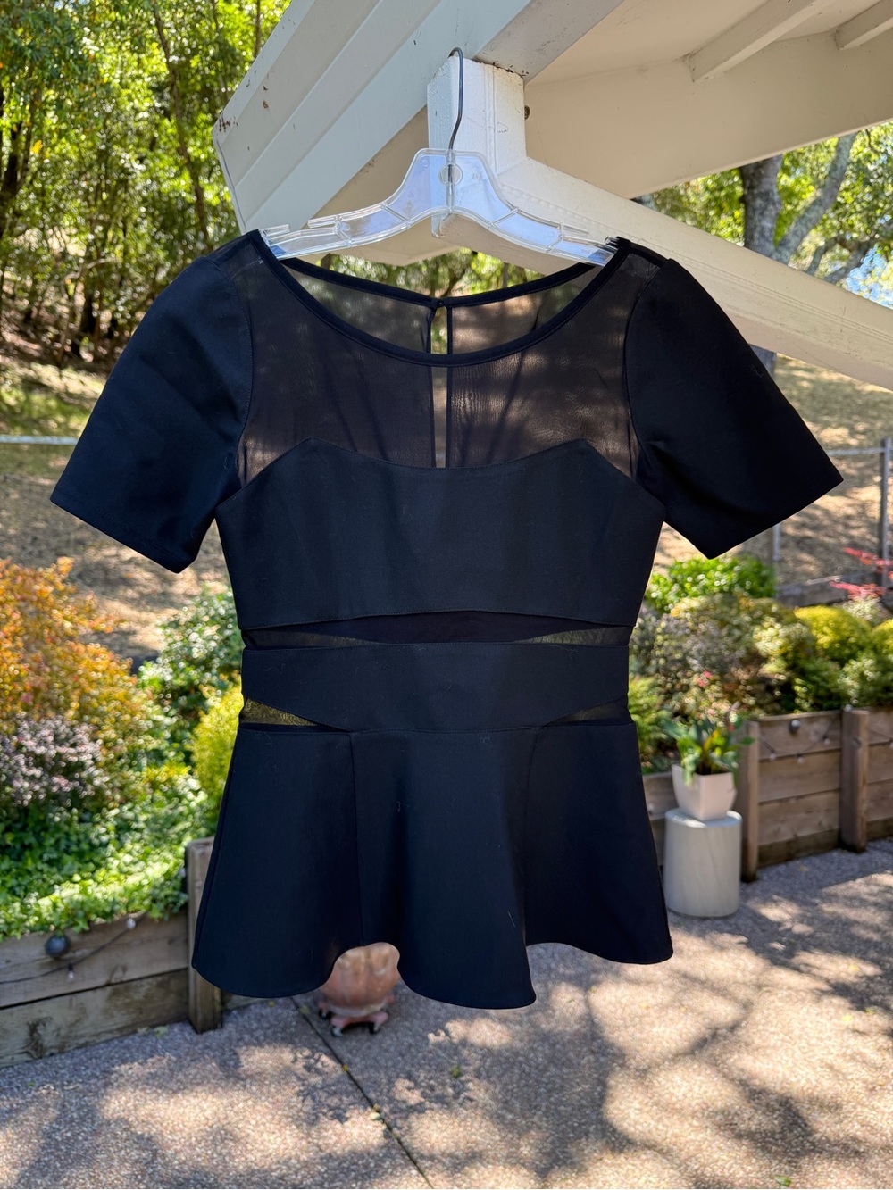 Elizabeth and James Black Mesh Inset Peplum Top